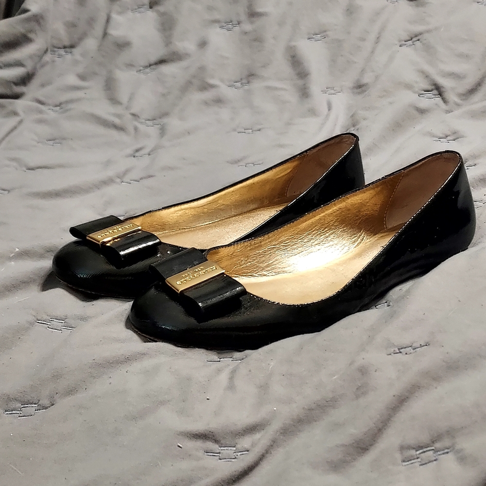 Kate Spade tock Ballet Flats Black Patent Leather 7 Logo Bow Preppy Balletcore